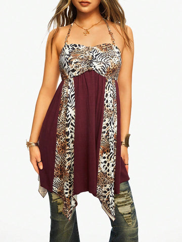 Harajuku Gyaru Style Vintage Leopard Print Splice Asymmetrical Hem Women Short Dress