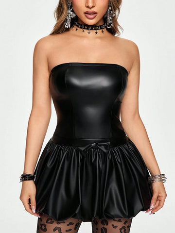 ROMWE Y2K Sweet & Edgy Street PU Puff Mini Dress For Women, Autumn/Winter