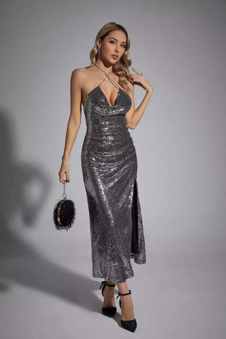 Rachel Silver Halter Neck Rhinestone Sequin Dress