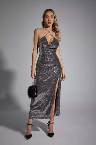 Rachel Silver Halter Neck Rhinestone Sequin Dress