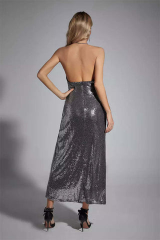 Rachel Silver Halter Neck Rhinestone Sequin Dress