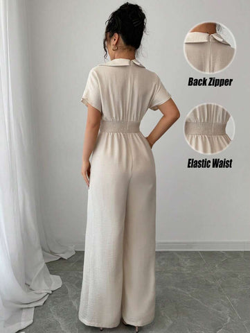 Rafferiza Apricot Linen Women's Boho Romantic Elegant Business Commuting Leisure Western Wear Old Money Style Holiday 2025 Spring And Summer Short Sleeves V-Neck Back Zipper Elastic Waist Loose Wide-Leg Jumpsuit
