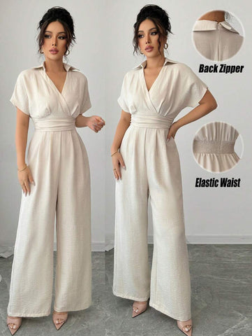 Rafferiza Apricot Linen Women's Boho Romantic Elegant Business Commuting Leisure Western Wear Old Money Style Holiday 2025 Spring And Summer Short Sleeves V-Neck Back Zipper Elastic Waist Loose Wide-Leg Jumpsuit