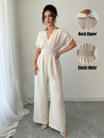 Rafferiza Apricot Linen Women's Boho Romantic Elegant Business Commuting Leisure Western Wear Old Money Style Holiday 2025 Spring And Summer Short Sleeves V-Neck Back Zipper Elastic Waist Loose Wide-Leg Jumpsuit