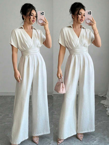Rafferiza Apricot Linen Women's Boho Romantic Elegant Business Commuting Leisure Western Wear Old Money Style Holiday 2025 Spring And Summer Short Sleeves V-Neck Back Zipper Elastic Waist Loose Wide-Leg Jumpsuit