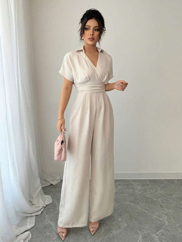 Rafferiza Apricot Linen Women's Boho Romantic Elegant Business Commuting Leisure Western Wear Old Money Style Holiday 2025 Spring And Summer Short Sleeves V-Neck Back Zipper Elastic Waist Loose Wide-Leg Jumpsuit