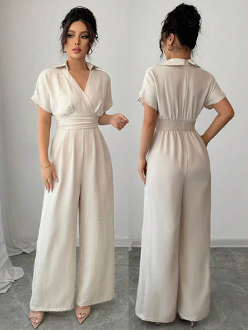 Rafferiza Apricot Linen Women's Boho Romantic Elegant Business Commuting Leisure Western Wear Old Money Style Holiday 2025 Spring And Summer Short Sleeves V-Neck Back Zipper Elastic Waist Loose Wide-Leg Jumpsuit