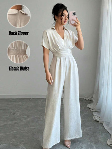 Rafferiza Apricot Linen Women's Boho Romantic Elegant Business Commuting Leisure Western Wear Old Money Style Holiday 2025 Spring And Summer Short Sleeves V-Neck Back Zipper Elastic Waist Loose Wide-Leg Jumpsuit