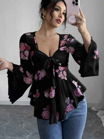 Casual Sexy Vacation French Style Floral Mesh Bowknot Asymmetrical Ruffled Hem Long Sleeve Ibiza