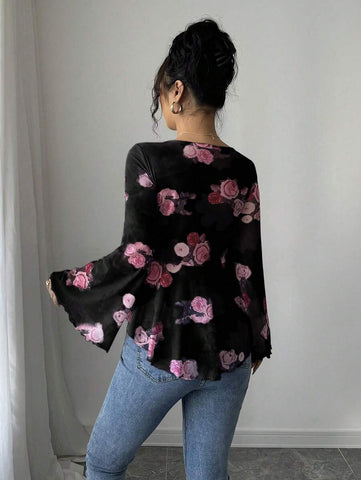 Casual Sexy Vacation French Style Floral Mesh Bowknot Asymmetrical Ruffled Hem Long Sleeve Ibiza