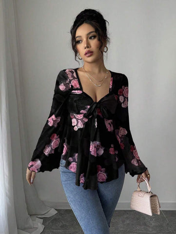 Casual Sexy Vacation French Style Floral Mesh Bowknot Asymmetrical Ruffled Hem Long Sleeve Ibiza