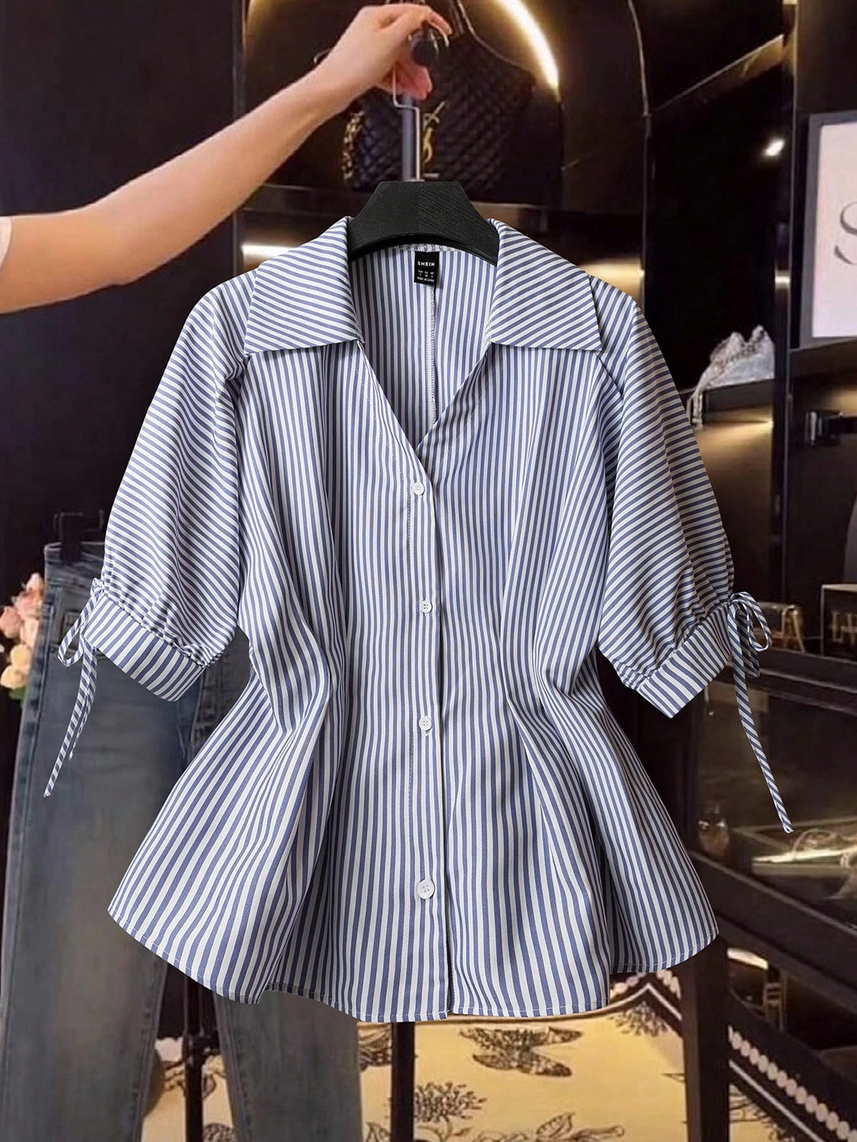 Rafferiza Elegant Short Sleeve Blouse, Striped Shirt, Fitted Waist Puff Sleeve Top