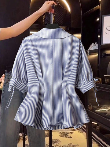 Rafferiza Elegant Short Sleeve Blouse, Striped Shirt, Fitted Waist Puff Sleeve Top