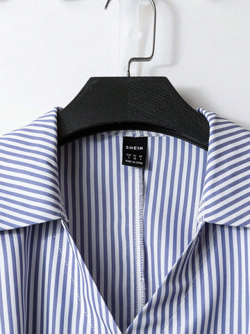 Rafferiza Elegant Short Sleeve Blouse, Striped Shirt, Fitted Waist Puff Sleeve Top