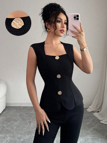 French Fashionable Elegant Waist-Cinched Bodycon Sleeveless Crew Neck Black Shirt With Metal Decor Button & Textured Fabric