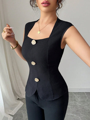 French Fashionable Elegant Waist-Cinched Bodycon Sleeveless Crew Neck Black Shirt With Metal Decor Button & Textured Fabric