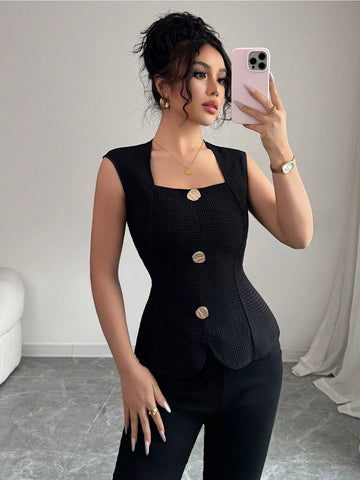 French Fashionable Elegant Waist-Cinched Bodycon Sleeveless Crew Neck Black Shirt With Metal Decor Button & Textured Fabric
