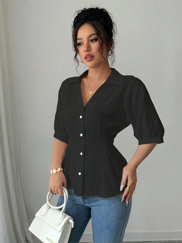 High-End White V-Neck Short Sleeve Fitted Blouse For Women, Minimalist Shir