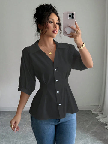 High-End White V-Neck Short Sleeve Fitted Blouse For Women, Minimalist Shir