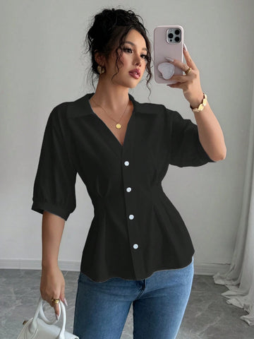 High-End White V-Neck Short Sleeve Fitted Blouse For Women, Minimalist Shir