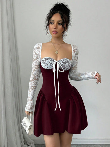 Rafferiza Holiday Costume Christmas Party Ball White Lace Long Sleeve Princess Tutu Sexy Mini Dress