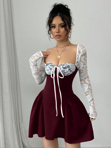 Rafferiza Holiday Costume Christmas Party Ball White Lace Long Sleeve Princess Tutu Sexy Mini Dress