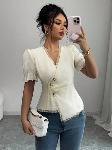 Women's Apricot V-Neck Ruffle Trim Asymmetrical Hem Short Sleeve Blouse