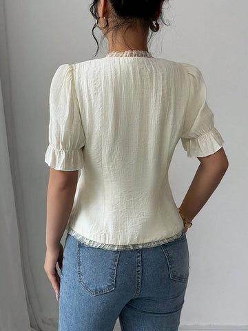 Women's Apricot V-Neck Ruffle Trim Asymmetrical Hem Short Sleeve Blouse