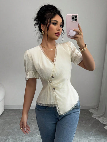 Women's Apricot V-Neck Ruffle Trim Asymmetrical Hem Short Sleeve Blouse