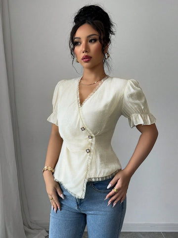 Women's Apricot V-Neck Ruffle Trim Asymmetrical Hem Short Sleeve Blouse