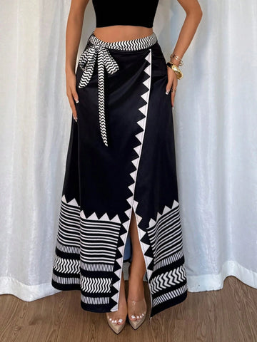 Rafferiza Women's Elegant Print Ruched Waist Asymmetric Hem Long Skirt