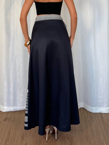 Rafferiza Women's Elegant Print Ruched Waist Asymmetric Hem Long Skirt