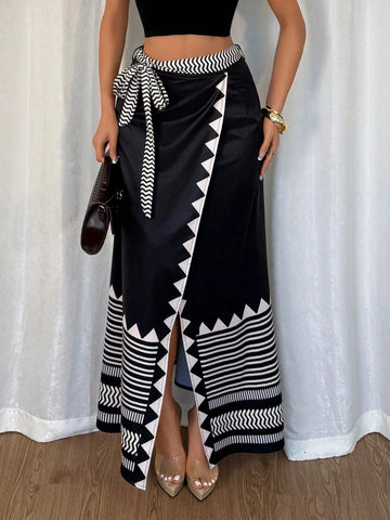 Rafferiza Women's Elegant Print Ruched Waist Asymmetric Hem Long Skirt