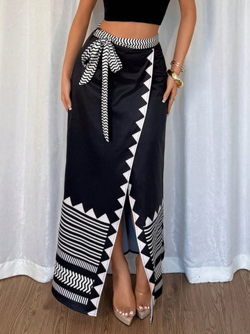 Rafferiza Women's Elegant Print Ruched Waist Asymmetric Hem Long Skirt