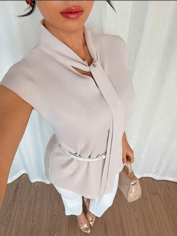 Women's Plain Short Sleeve Flowy Tie Up Casual Regular Summer Shirt