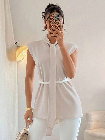 Women's Plain Short Sleeve Flowy Tie Up Casual Regular Summer Shirt