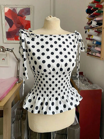 Women's Polka Dot Print Round Neck Sleeveless Gathered Waist Elegant Blouse