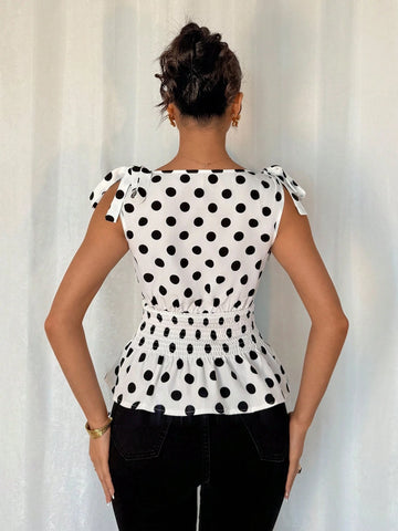 Women's Polka Dot Print Round Neck Sleeveless Gathered Waist Elegant Blouse