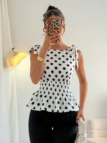 Women's Polka Dot Print Round Neck Sleeveless Gathered Waist Elegant Blouse