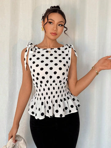 Women's Polka Dot Print Round Neck Sleeveless Gathered Waist Elegant Blouse