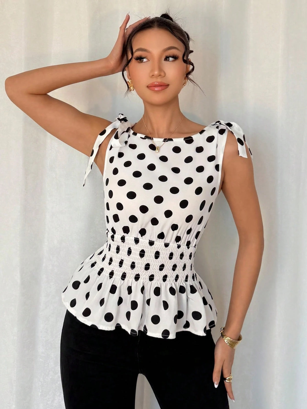 Women's Polka Dot Print Round Neck Sleeveless Gathered Waist Elegant Blouse