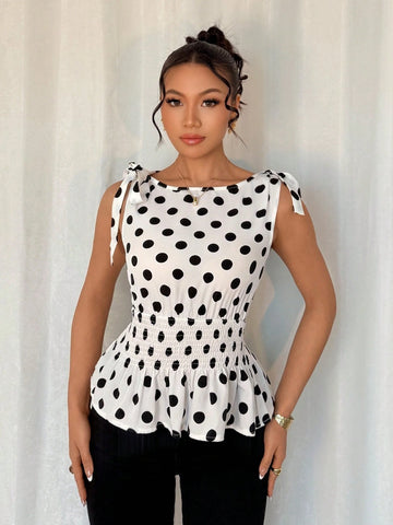 Women's Polka Dot Print Round Neck Sleeveless Gathered Waist Elegant Blouse