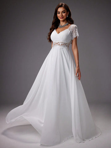 Raglan Sleeve Lace Embroidered Mesh Wedding Cocktail Dress