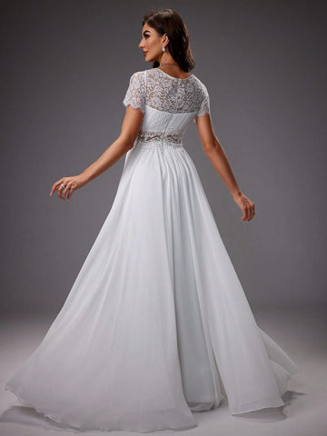 Raglan Sleeve Lace Embroidered Mesh Wedding Cocktail Dress