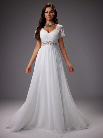 Raglan Sleeve Lace Embroidered Mesh Wedding Cocktail Dress