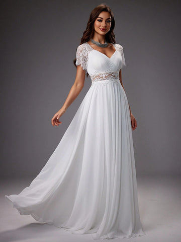 Raglan Sleeve Lace Embroidered Mesh Wedding Cocktail Dress