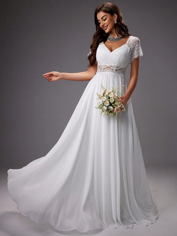 Raglan Sleeve Lace Embroidered Mesh Wedding Cocktail Dress