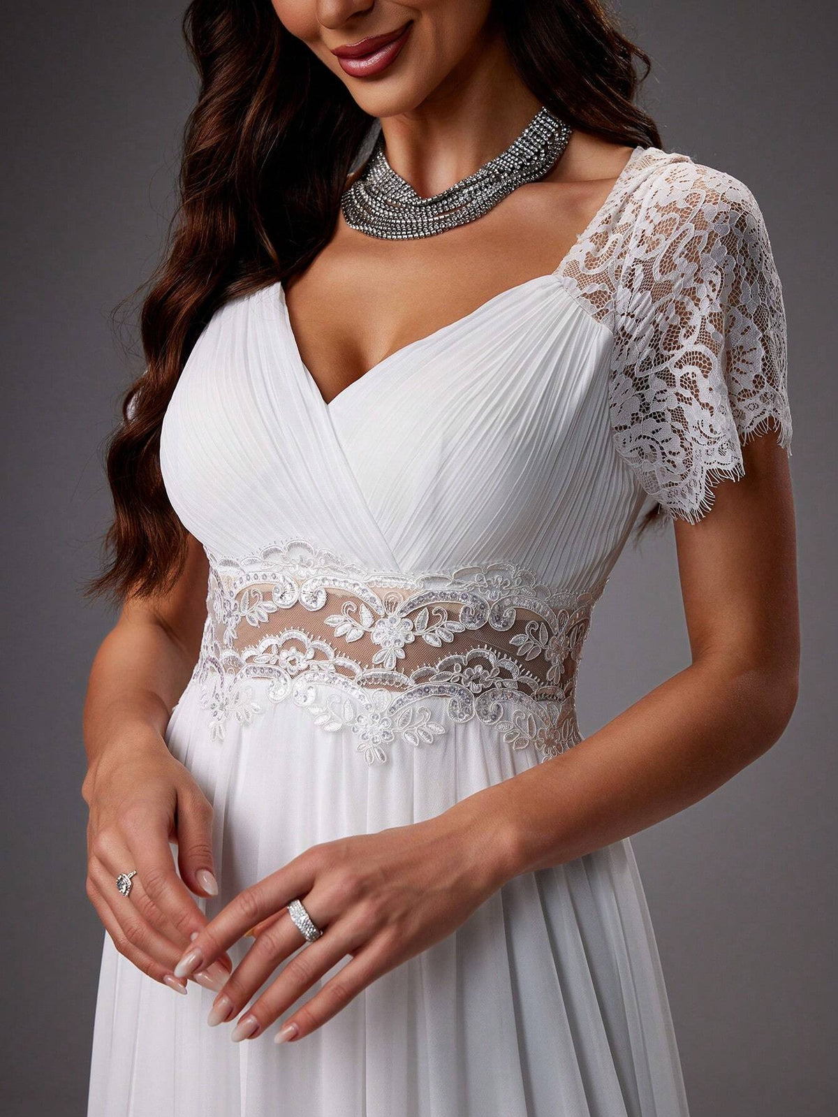 Raglan Sleeve Lace Embroidered Mesh Wedding Cocktail Dress