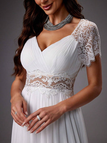 Raglan Sleeve Lace Embroidered Mesh Wedding Cocktail Dress
