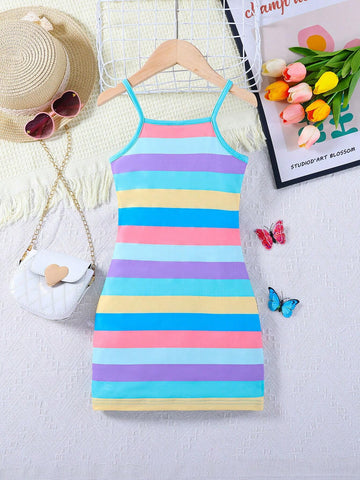Rainbow Butterfly Print Girls' Soft Versatile Colorful Striped Spaghetti Strap Sleeveless Casual Summer Dress